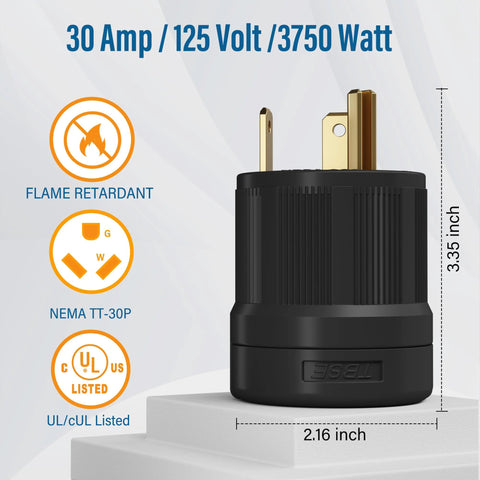 Image of RV Replacement Plug TT30P 30 Amp 125 Volt NEMA Electrical Connector with flame retardant and UL/cUL listed features.