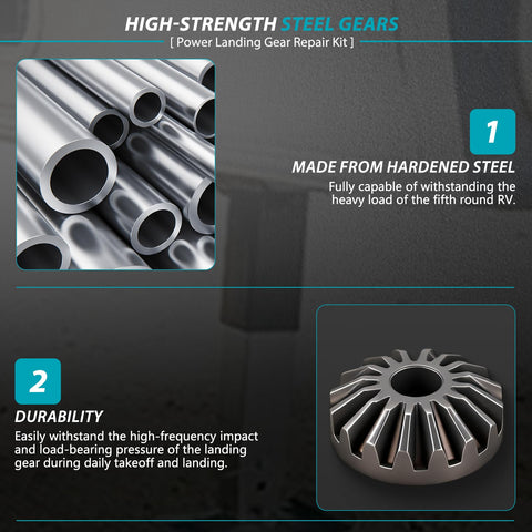 Power Landing Gear Repair Kit for 5th Wheel RV includes high-strength steel gears and tubing, durable for heavy load bearing.