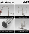 Built Tight Single Handle Pull Down Kitchen Faucet With Brushed Nickel Stainless Steel Finish And Broad Deck Plate showing pull-down technology and swivel.