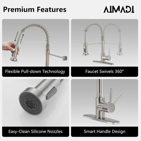 Built Tight Single Handle Pull Down Kitchen Faucet With Brushed Nickel Stainless Steel Finish And Broad Deck Plate showing pull-down technology and swivel.