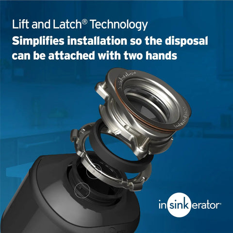 Lift and Latch technology of Half Horsepower Continuous Feed Garbage Disposal With Power Cord, Compact Badger Series