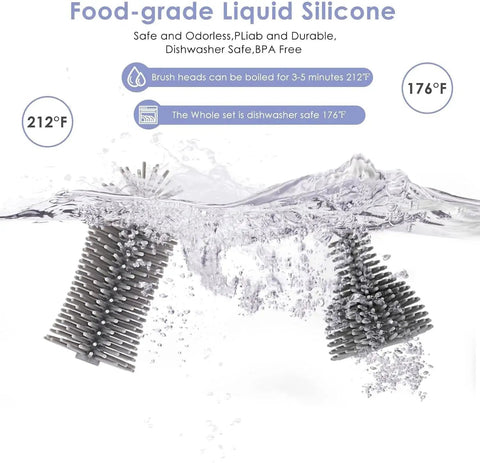 Food-grade liquid silicone brush heads for 5 In 1 Electric Bottle Brush Cleaner Dual Speed Rechargeable IPX6 Waterproof Extra Long Reach.
