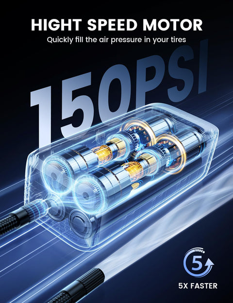 Portable Tire Inflator Air Compressor 5X Faster Up To 150 PSI Rechargeable Cordless Car Pump High Speed Motor Illustration