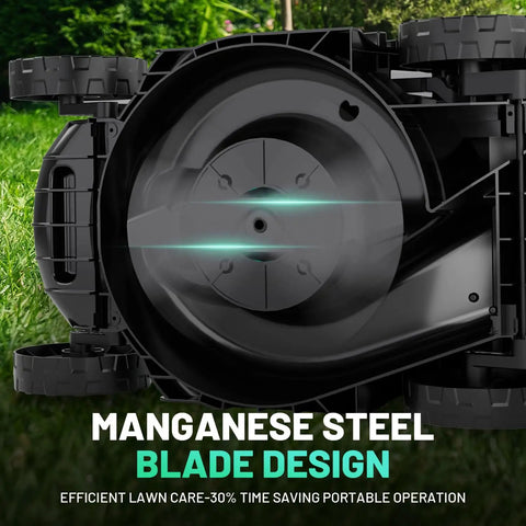 13 Inch Cordless Lawn Mower With 5 Height Settings 20V Brushless Motor Ideal for Garden Yard and Small Farm Lightweight No Fuss Walk Behind Includes 4Ah Battery And Charger For Quick Clean Cuts. manganese steel blade underside