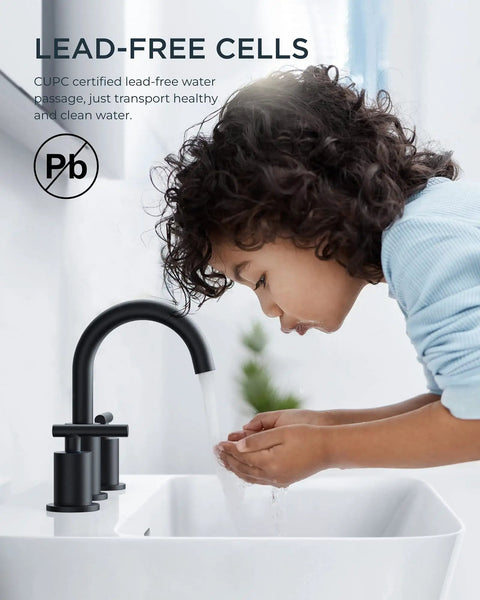 Child washing hands under Oil Rubbed Bronze 3 Hole Widespread Bathroom Faucet With Pop Up Drain No Drip, 8 Inch, Antique Vanity Tap