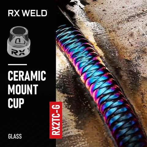 Close-up of a TIG welding bead with RX2TC-G ceramic mount cup on metallic surface