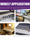 Audio equipment collage featuring audio interface, studio mixing desks, and audio control panel for Widely Application.