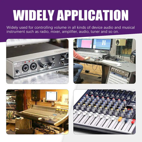 Audio equipment collage featuring audio interface, studio mixing desks, and audio control panel for Widely Application.