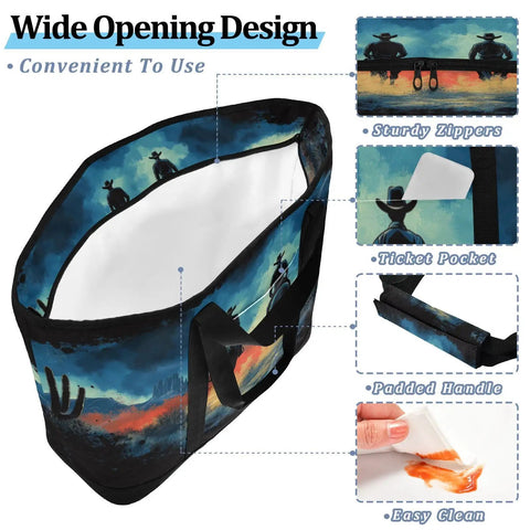 Open Desert Cowboy Style Insulated Cooler Tote with wide opening, sturdy zippers, and adventure-themed design.