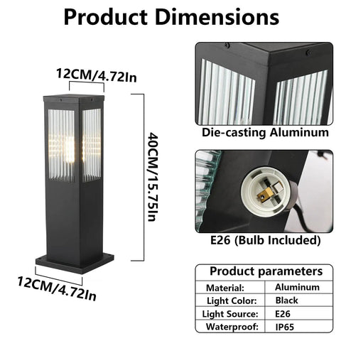 Heavy Duty Outdoor Path Light 15.75 Inches Modern Landscape Bollard showcasing dimensions, aluminum material, and E26 bulb holder.