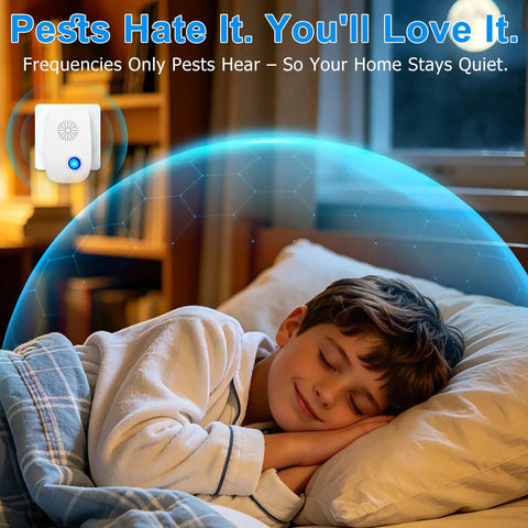 Child sleeping peacefully with Eight Pack Ultrasonic Pest Repeller for Indoor Use in bedroom protecting from pests.