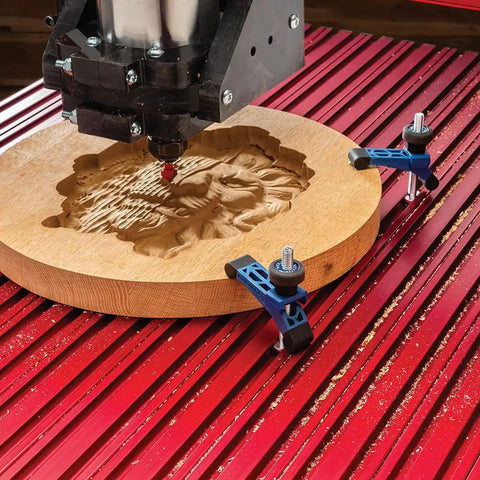 Mini Bit Saver Hold Down Clamps 3-1/4 Inch Long By 3 Quarter Inch Wide 2 Pack for CNC Router Workholding on red table