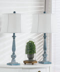 Farmhouse Table Lamps Set of 2, 27.5 Inches, Antique Blue Rustic End Table Lamps With White Bell Shade, 3-Way Dimmable Bedside Lighting