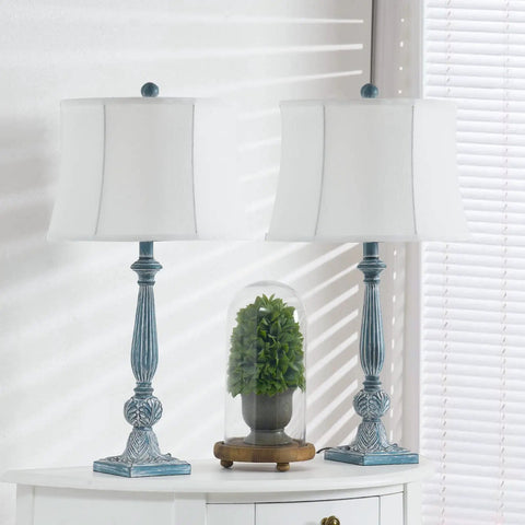 Farmhouse Table Lamps Set of 2, 27.5 Inches, Antique Blue Rustic End Table Lamps With White Bell Shade, 3-Way Dimmable Bedside Lighting