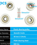 Top Shelf Quiet Nylon U-Groove Pulley Roller Wheels With Deep Groove Ball Bearings For Heavy Duty Sliding Doors And Slick Gym Cable Track Systems With Durable 8X30X10MM Guide Rollers, detailed view of five plastic bearing pulleys.