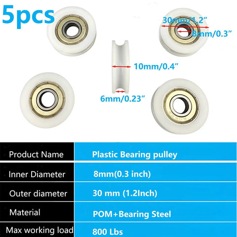 Top Shelf Quiet Nylon U-Groove Pulley Roller Wheels With Deep Groove Ball Bearings For Heavy Duty Sliding Doors And Slick Gym Cable Track Systems With Durable 8X30X10MM Guide Rollers, detailed view of five plastic bearing pulleys.