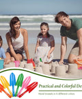 Mini Colorful Metal Hand Shovel Set 12 Pcs Transplanting Trowels 11 X 3 Inch Garden Tools 6 Colors Durable Metal Shovels With Super Handy Ergonomic Handles For Indoor Outdoor Planting Gift For Garden Lovers Kids Teens Women Men used by a family on a beach.