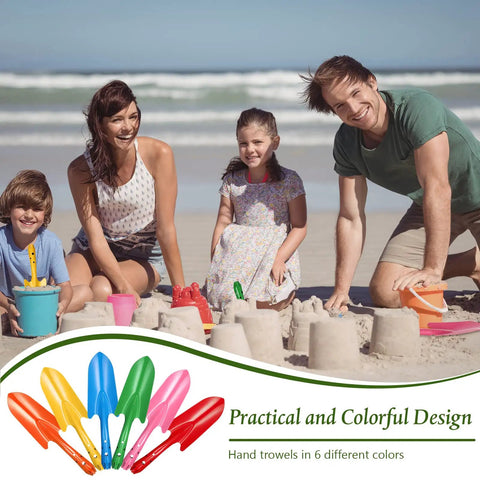 Mini Colorful Metal Hand Shovel Set 12 Pcs Transplanting Trowels 11 X 3 Inch Garden Tools 6 Colors Durable Metal Shovels With Super Handy Ergonomic Handles For Indoor Outdoor Planting Gift For Garden Lovers Kids Teens Women Men used by a family on a beach.