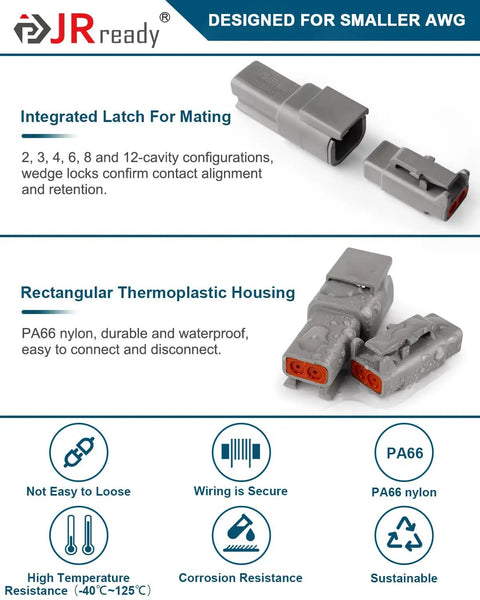 DTM 2 Pin Connector Kit 8 Pack With Size 20 Solid Contacts 20-22 AWG Waterproof Pro Grade connectors showing latch design.