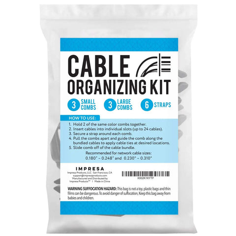 Cable Comb Organizer Kit For Neat Wire Management Includes 6 Straps And 6 Inserts on white packaging with instructions and logo