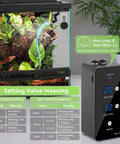 Reptile Humidifier Misting System For Terrariums Must Have Automatic Operation with display settings next to terrarium black