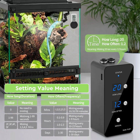 Reptile Humidifier Misting System For Terrariums Must Have Automatic Operation with display settings next to terrarium black