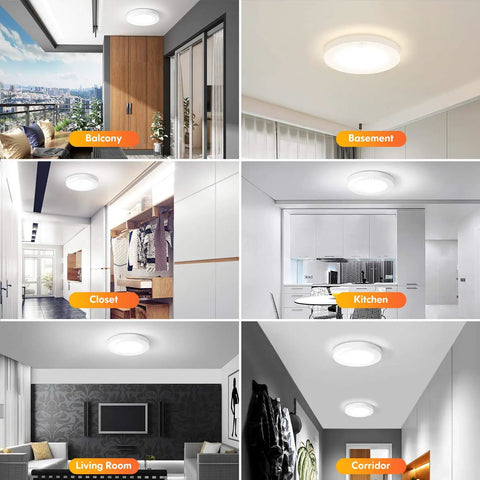 No Fuss Motion Sensor LED Ceiling Light Kit 15W 100W Equivalent 1200LM Three Color Temperatures mounted in various rooms