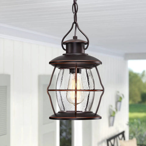 Outdoor Pendant Light For Porch And Patio, Farmhouse Exterior Hanging Fixture With Adjustable Chain, Oil Rubbed Bronze Finish With Bubble Glass For Front Door Ceiling Entryway Porch Light