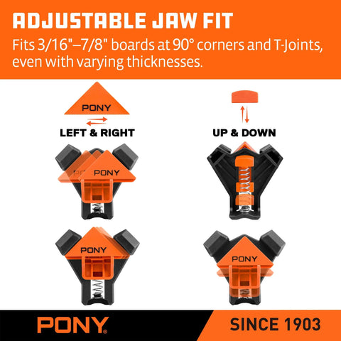Four Pack Right Angle Woodworking Clamps with adjustable jaw fits 3/16 to 7/8 inch boards at 90 degree corners and T-joints