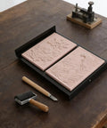 Newbie Friendly Rubber Stamp Carving Kit With 10 Blocks And Angled Knife For DIY Crafting Ink Roller For Even Ink Distribution Easy Carving Tools For Makers And Stamp Enthusiasts, two pink rubber blocks on tray