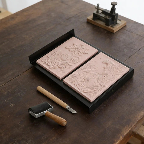 Newbie Friendly Rubber Stamp Carving Kit With 10 Blocks And Angled Knife For DIY Crafting Ink Roller For Even Ink Distribution Easy Carving Tools For Makers And Stamp Enthusiasts, two pink rubber blocks on tray
