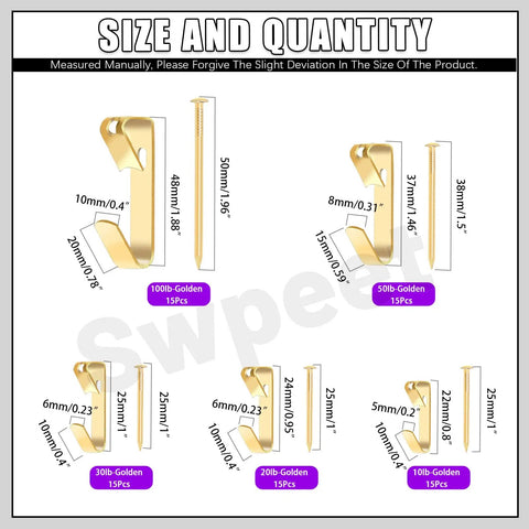 75 Piece Picture Hanger Kit With Nails, 5 Sizes Beefy Heavy Duty Metal Hangers For Drywall, 10Lb 20Lb 30Lb 50Lb 100Lb, Golden Finish, Picture Hanging Hardware For Frames And Wall Decor showing size chart and hook dimensions