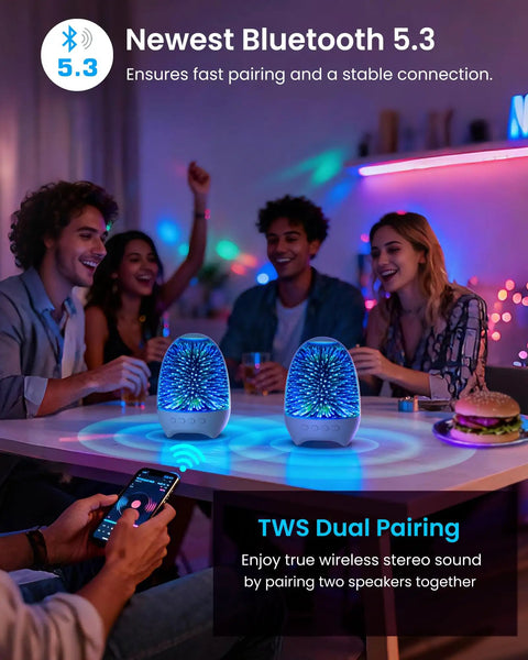 Night Light Bluetooth Speaker With 3D Glass Fireworks Lamp on table with friends, Bluetooth 5.3 feature, colorful room lighting