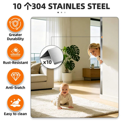 Heavy Duty 304 Stainless Steel Wall Corner Guards 1X1X48 Inches Six Pack displayed in a home setting with a child crawling.