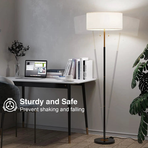 Mid-century tall standing lamp with white fabric shade, adjustable 3 color temperatures, next to desk in modern home lighting.