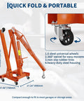 Heavy Duty 2 Ton Folding Hydraulic Engine Hoist With Slick Shop Crane Lift featuring 360° swivel wheels and heavy-duty steel housing.