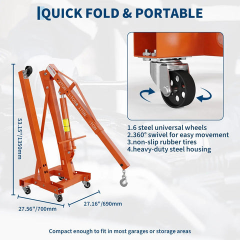 Heavy Duty 2 Ton Folding Hydraulic Engine Hoist With Slick Shop Crane Lift featuring 360° swivel wheels and heavy-duty steel housing.