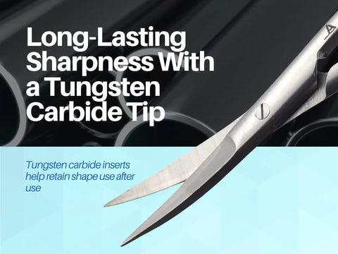 Curved 4.5 Inch Scissors With Tungsten Carbide Inserts, Gold Plated Handle, Pro Grade Crafting Shears For Arts, Sewing, Tailoring, And Fabric Cutting, Extra Sharp And Durable. close-up blades with tungsten carbide tip