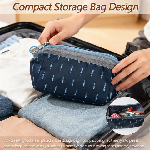 Compact storage bag holding 75 Piece Sewing Tool Set With Big Eye Steel Needles, 10 Rolls Jeans Thread, Strawberry Pin Cushion Holders, Denim Needle Kit For Beginners, Portable Grab And Go DIY Travel Sewing Kit For Quick Home Repairs.