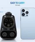Nacs To Ccs1 Adapter For Tesla Superchargers, compact size 3.9 inches, next to a smartphone for easy comparison.