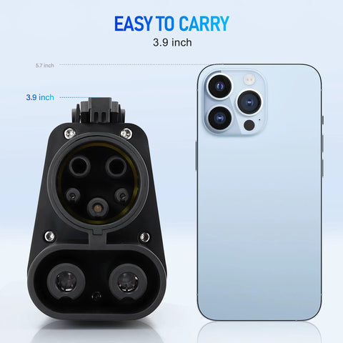 Nacs To Ccs1 Adapter For Tesla Superchargers, compact size 3.9 inches, next to a smartphone for easy comparison.