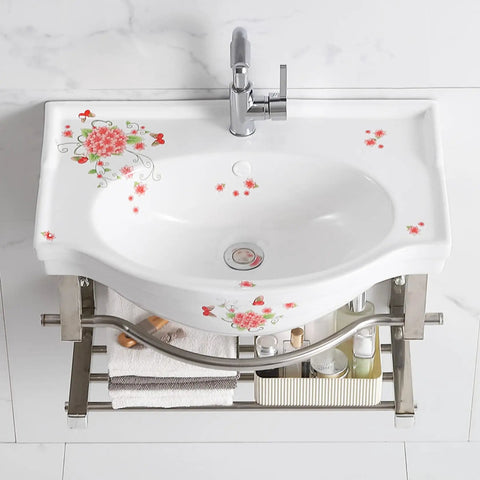 Wall Hung Porcelain Ceramic Sink, decorative floral design with towel rack, size 50.5x37cm, perfect for small bathrooms.