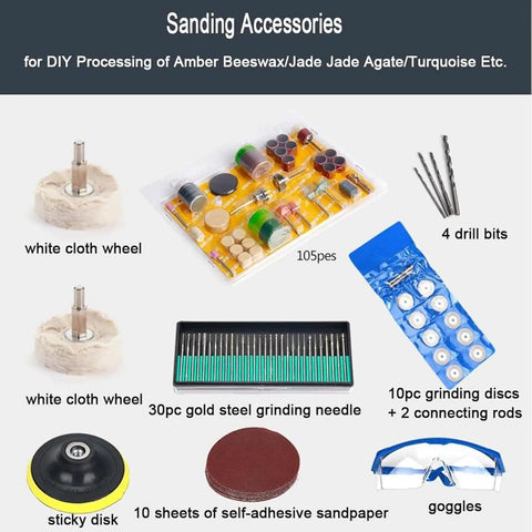 Sanding Accessories for DIY Processing of Amber, Beeswax, Jade, and Turquoise, 105 pieces set with goggles and sanding tools.