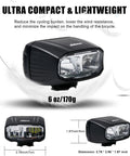 Beast Mode 1000 Lumen Front Bike Light With Dual Beam High Low for Night Riding, lightweight, dimensions shown