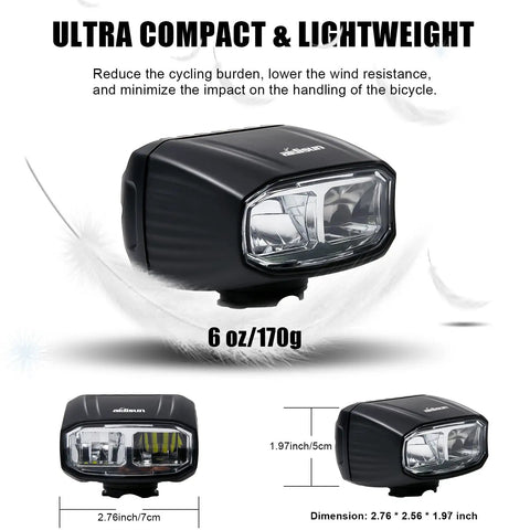 Beast Mode 1000 Lumen Front Bike Light With Dual Beam High Low for Night Riding, lightweight, dimensions shown