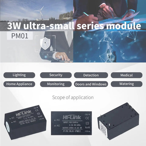 Plug And Play Mini Step-Down Power Supply HLK PM01 Isolated AC-DC Converter 220V To 5V three-pack modules displayed