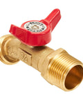 Beefy Brass Ball Valve For Outdoor Garden Hose Spigot Featuring Crisp Quarter Turn Shut Off And Tight Grip Two Pack Connector Kit close up of valve handle and connection.