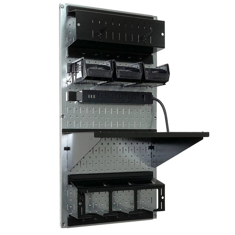 Power Tool Storage Organizer Kit With Cordless Drill Holder And Charging Station On 16x32 Metal Pegboard Wall Mount Made In USA