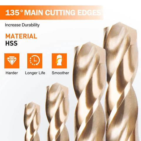 Pro Shop M35 Cobalt Drill Bit Set Includes One Hundred Fifteen Precision Ground Bits In Fractional Letter And Numbered Sizes With Slick Storage Tray For Cutting Through Steel And Aluminum, showcasing 135° cutting edges.