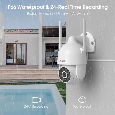 Outdoor 2K WiFi Security Camera With Auto Tracking And Color Night Vision on building wall, IP66 waterproof